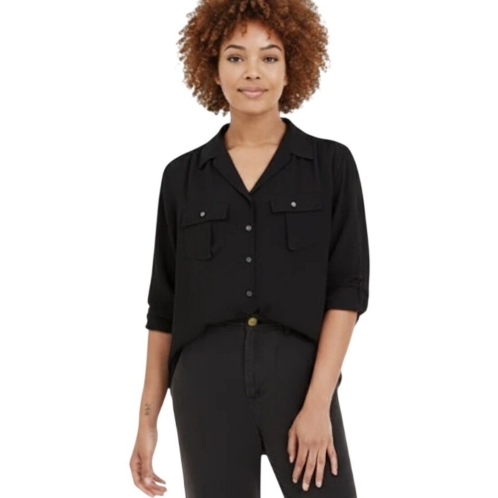 J.Crew Black 100% Silk Button‎ Down Blouse Shirt 37871 Size 00 Utility Pocket